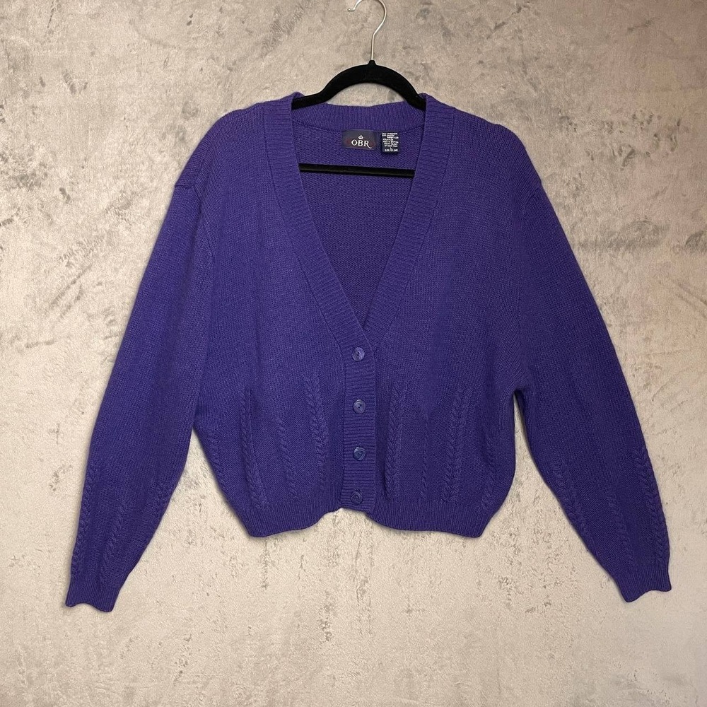 Vintage 80s Twee‎ Angora Lambswool Cropped Cable Knit Cardigan Small Purple Soft